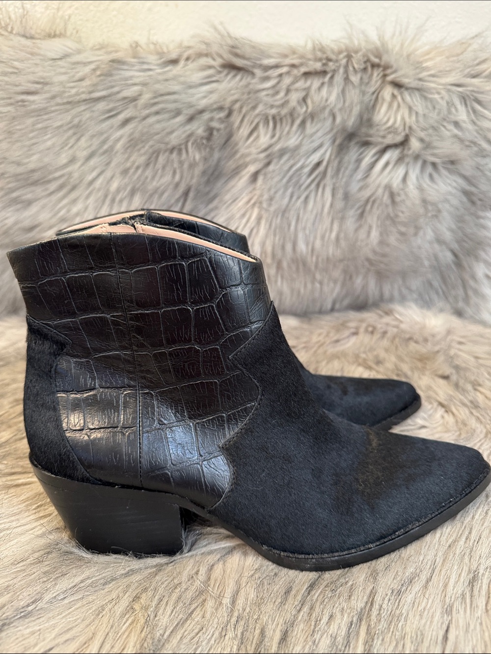 A•D & Daughters Black Croc-Accent Suede Ankle Boots - Women Size 9
